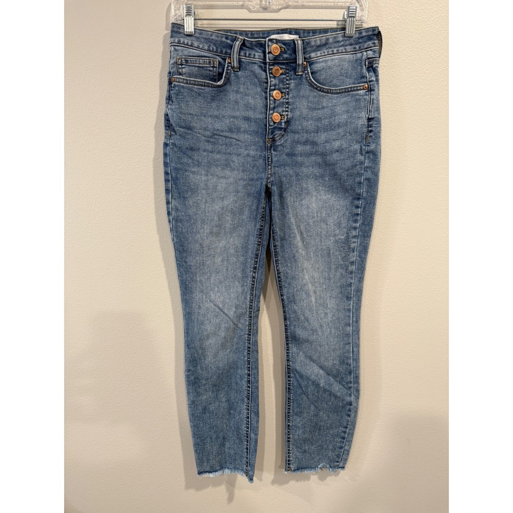 Lauren Conrad Skinny Ankle Button Fly Jeans Medium Wash Distressed Raw Hem‎ Sz 8